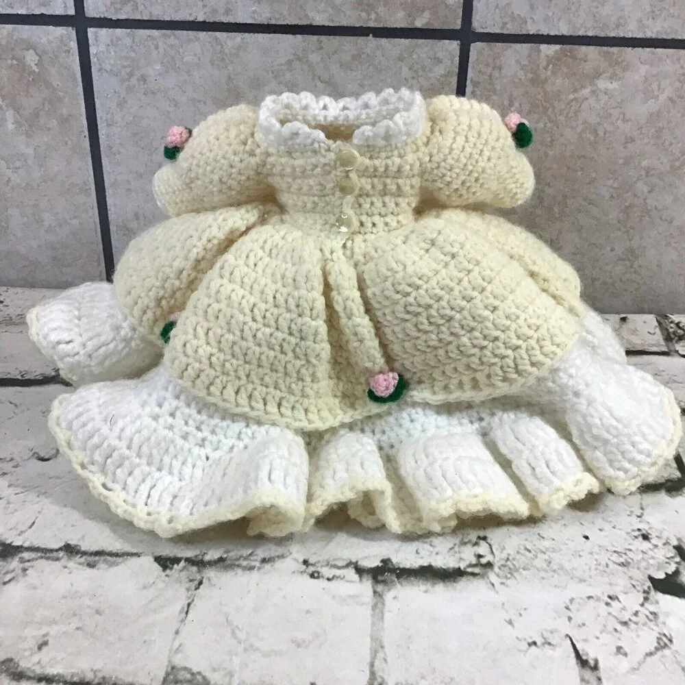 Vintage Handmade Crochet Doll Dress Yellow Layered Ruffled Southern Belle‎ Gown